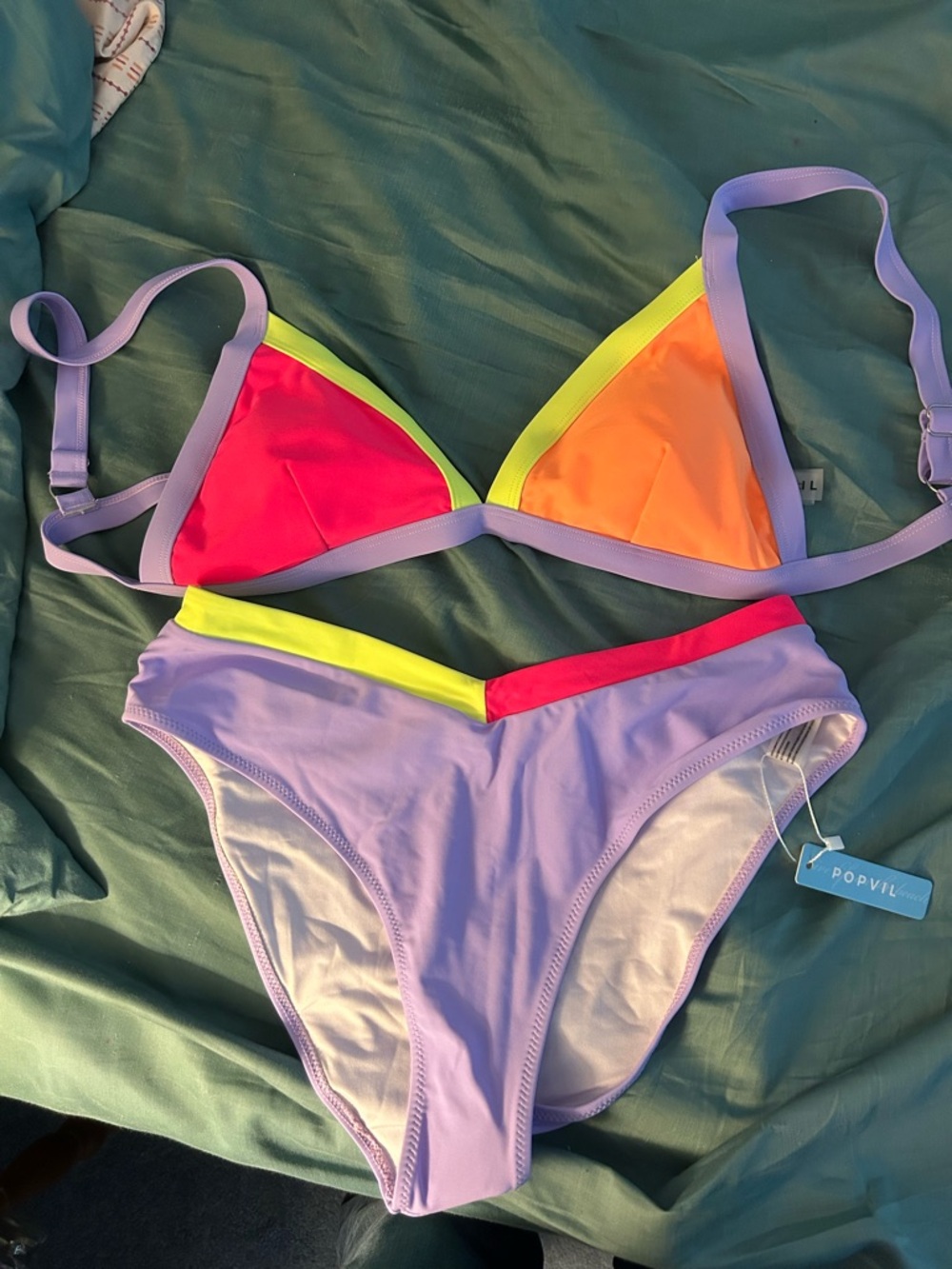 POPVIL Lilac Colorblock Triangle Bikini Set - Neon Pink & Orange Accents